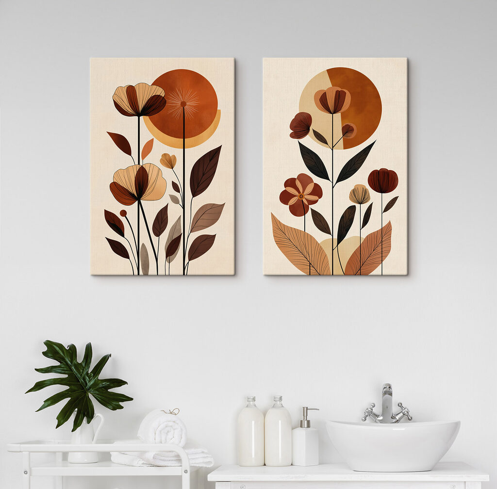 Schilderij van bloemen en bladeren in een interieur