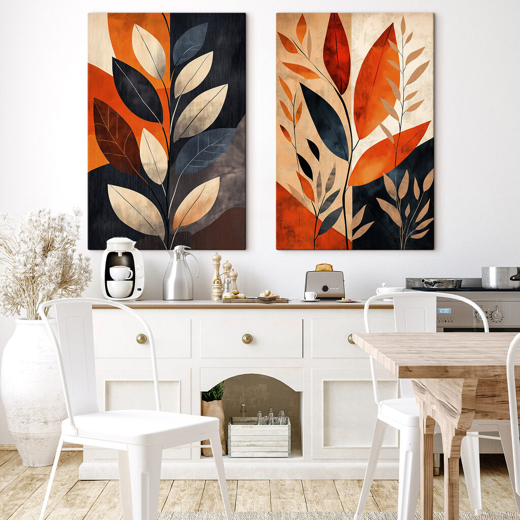 Schilderij van bladeren en takken in een interieur