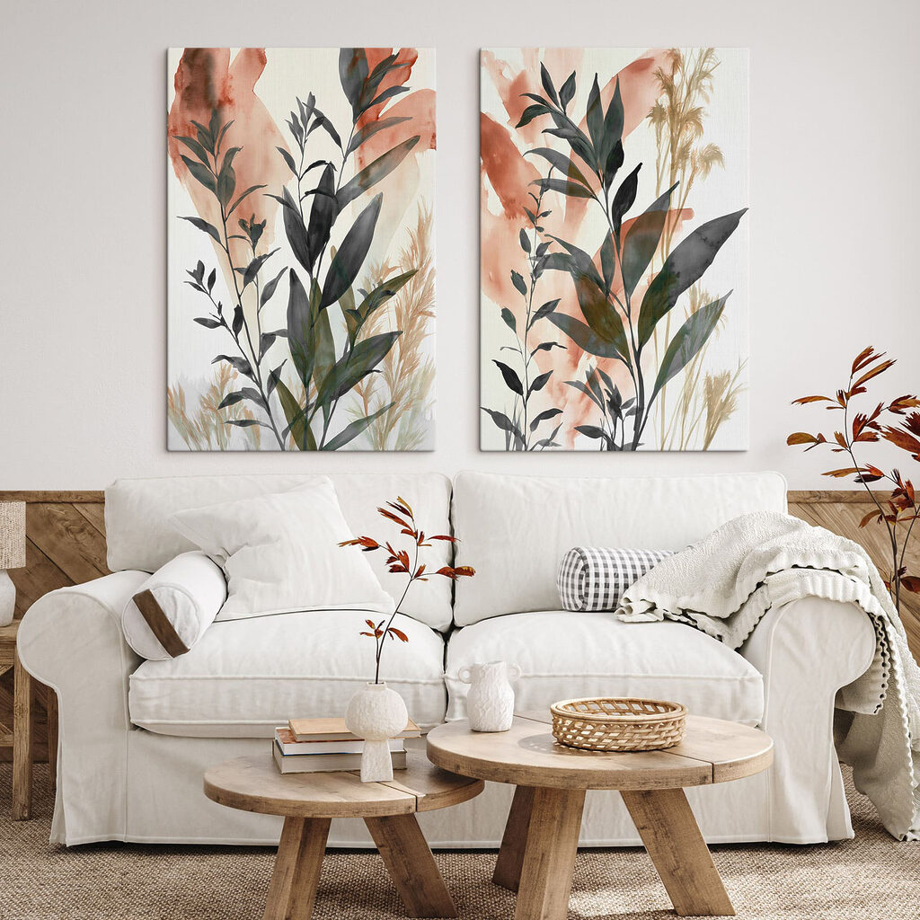 Schilderij van planten met bladeren in een interieur