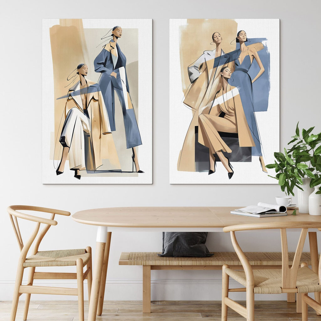 Collage van vrouwen in verschillende outfits in een interieur