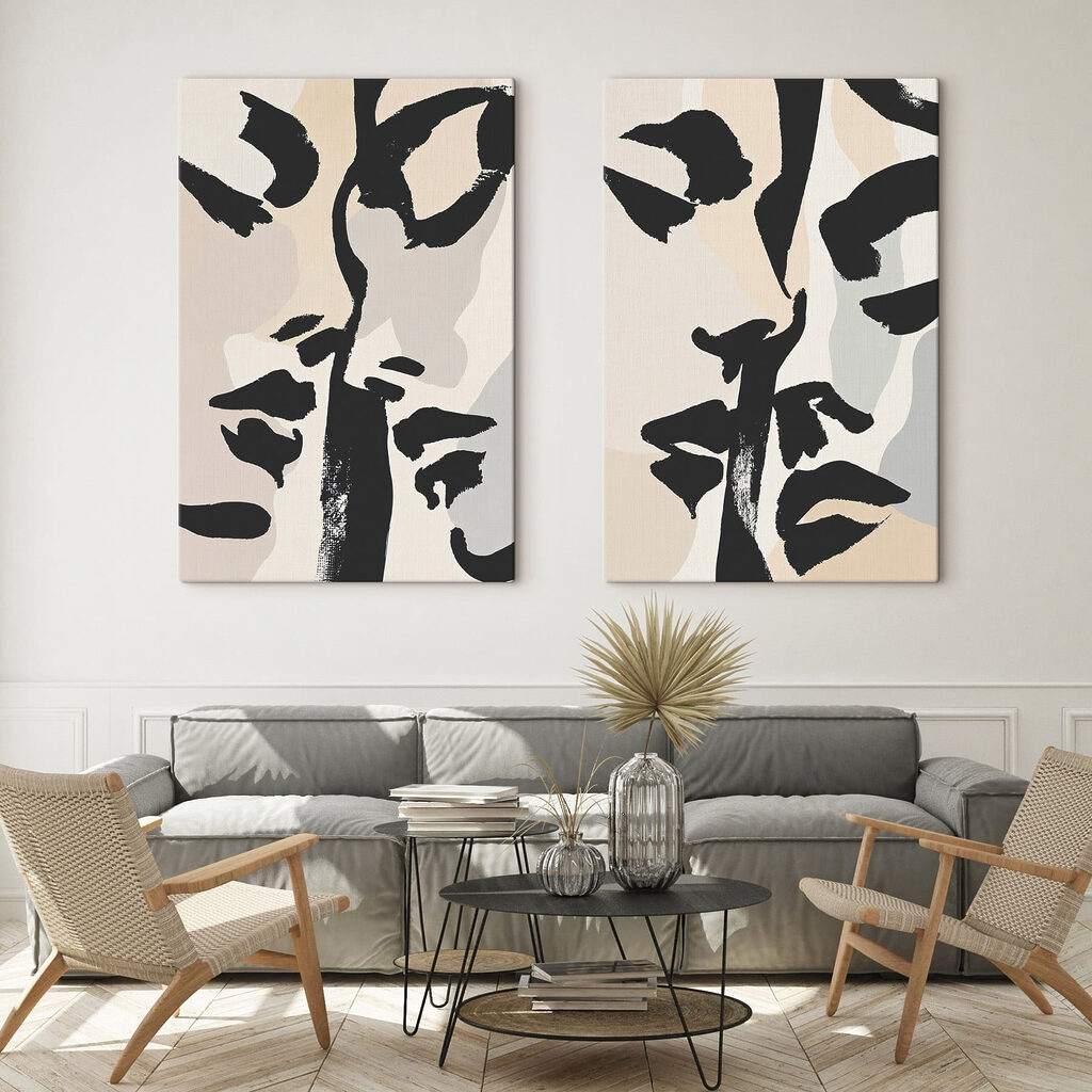 Collage van het gezicht van een vrouw in een interieur