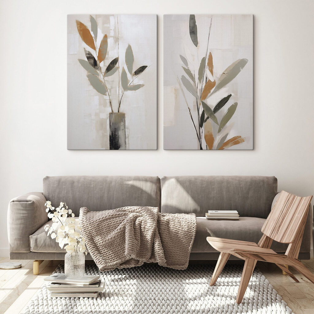 Schilderij van een plant in een vaas in een interieur