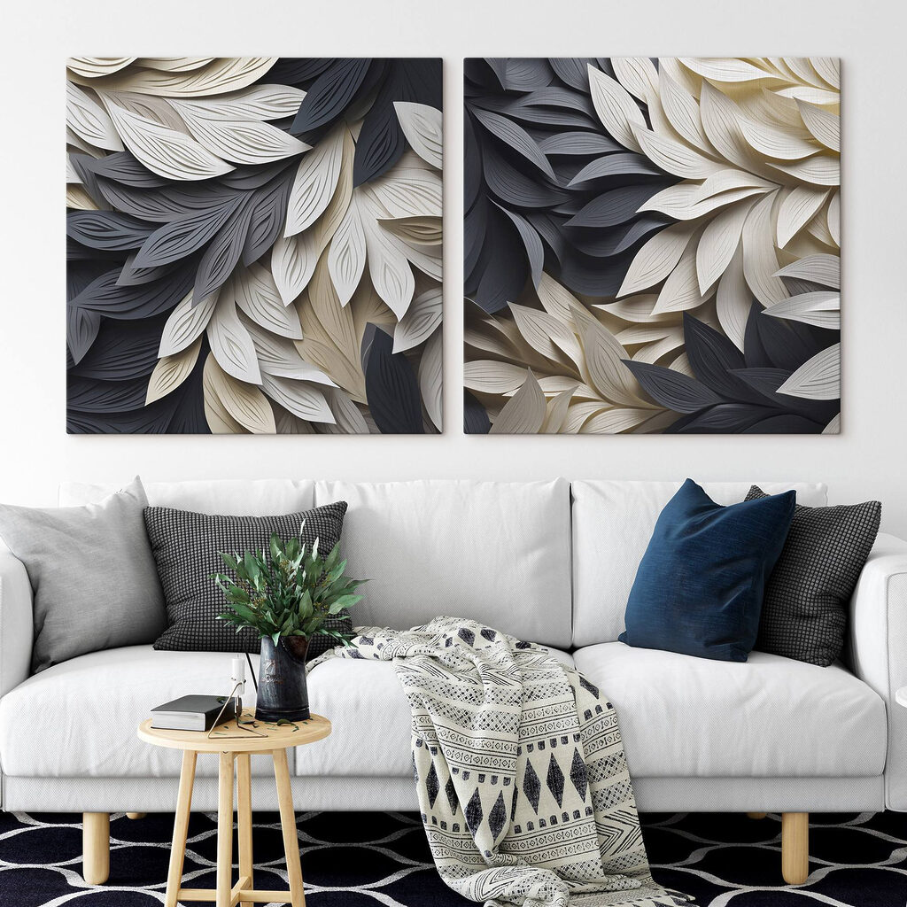 Zwart-witte bladeren in een interieur