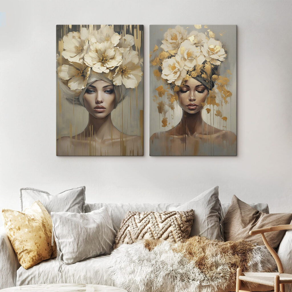 Schilderij van een vrouw met bloemen op haar hoofd in een interieur