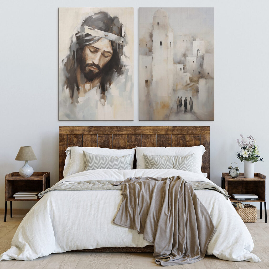 Schilderij van een man met een haarkroon en een stad in een interieur