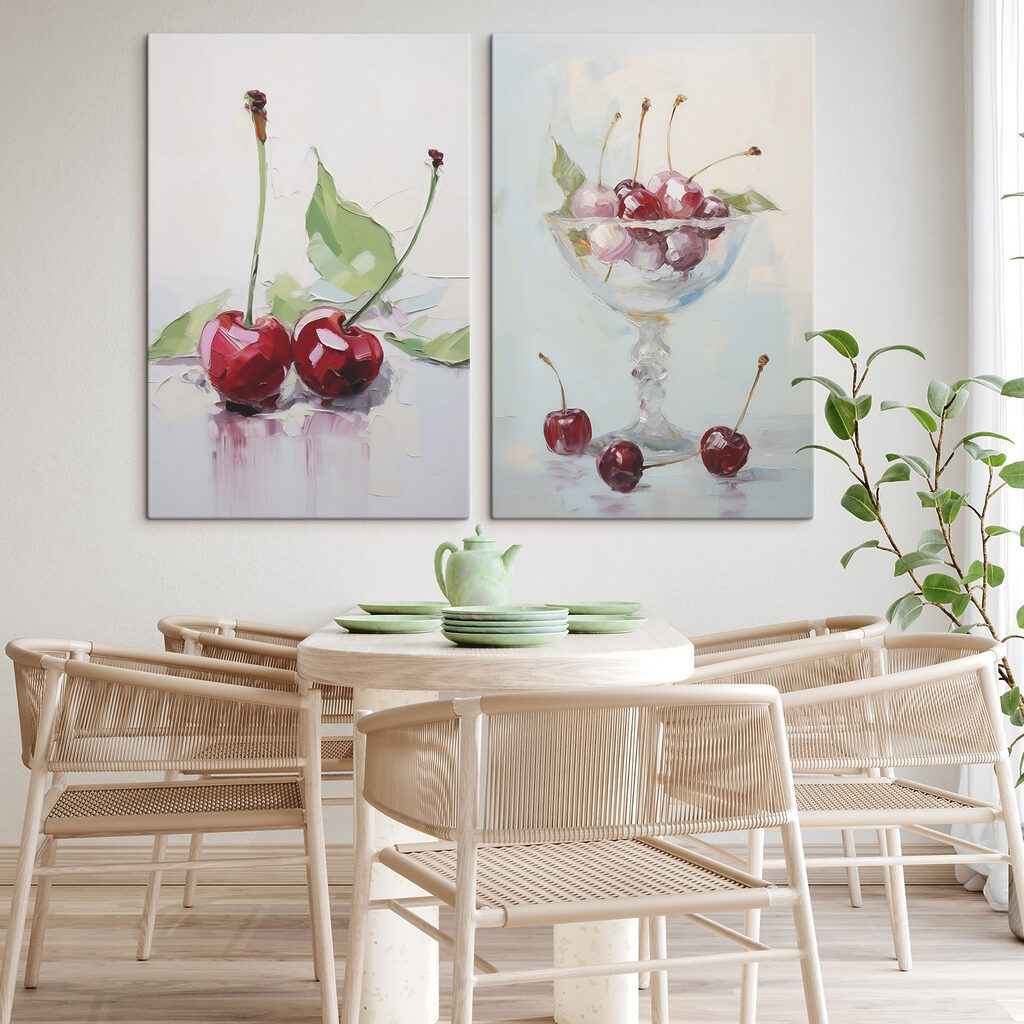 Schilderij van kersen in een glas in een interieur