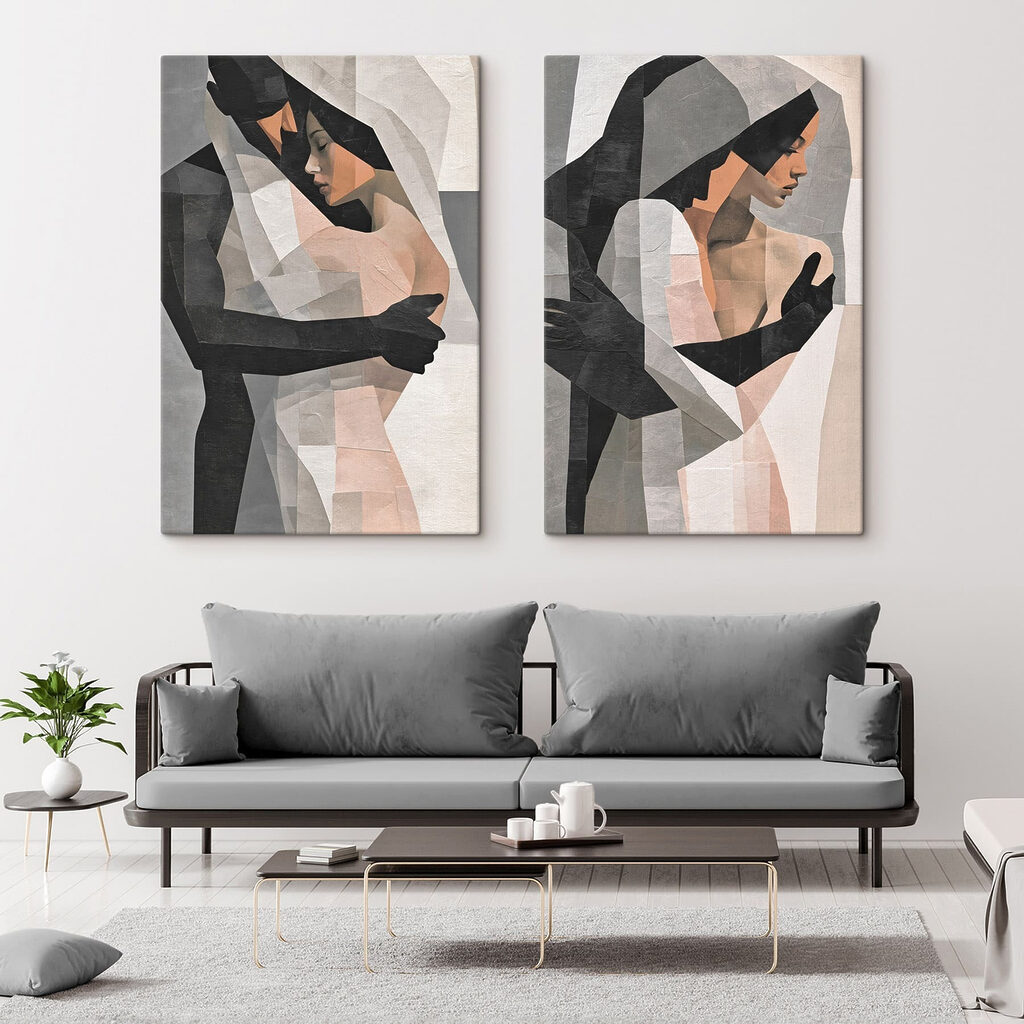 Collage van een paar mensen die elkaar omhelzen in een interieur