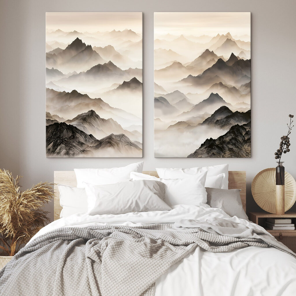 Collage van bergen met mist — interieur 1