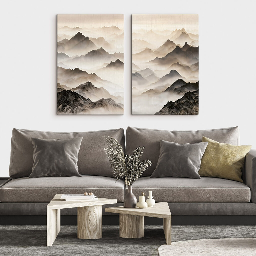 Collage van bergen met mist — interieur 2