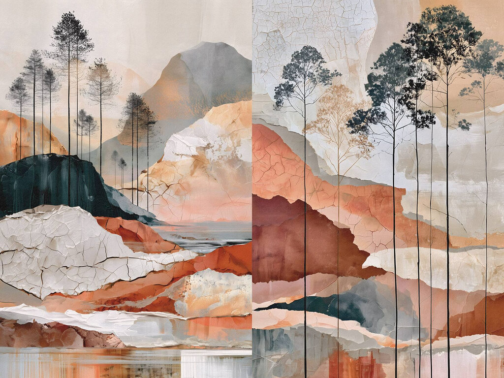 Schilderij van een landschap met bomen en water — volledig ontwerp