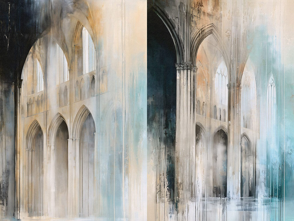 Schilderij van een gebouw met bogen — volledig ontwerp