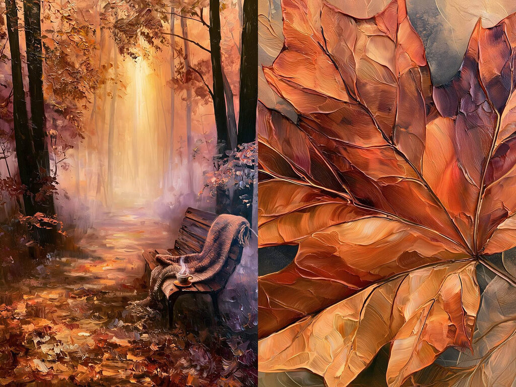 Schilderij van een bankje en een blad — volledig ontwerp