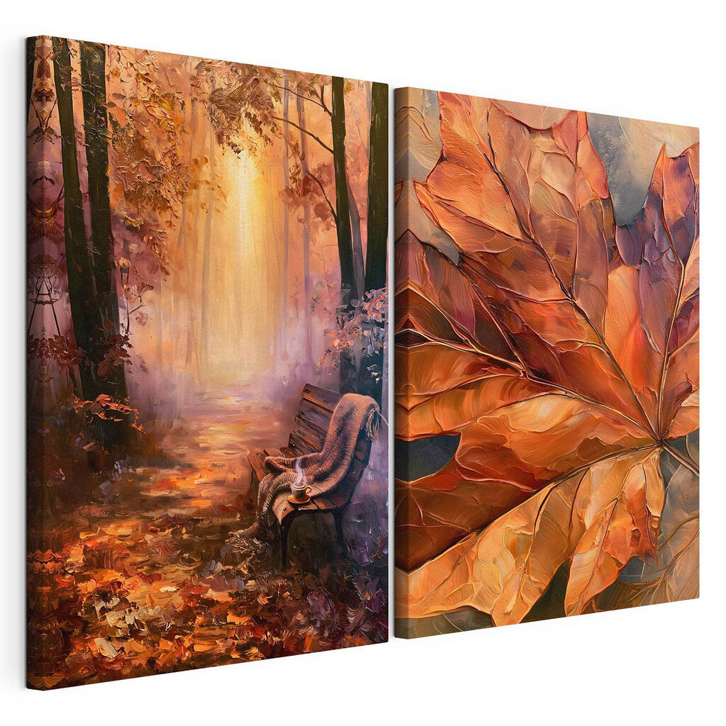 Schilderij van een bankje en een blad — productweergave