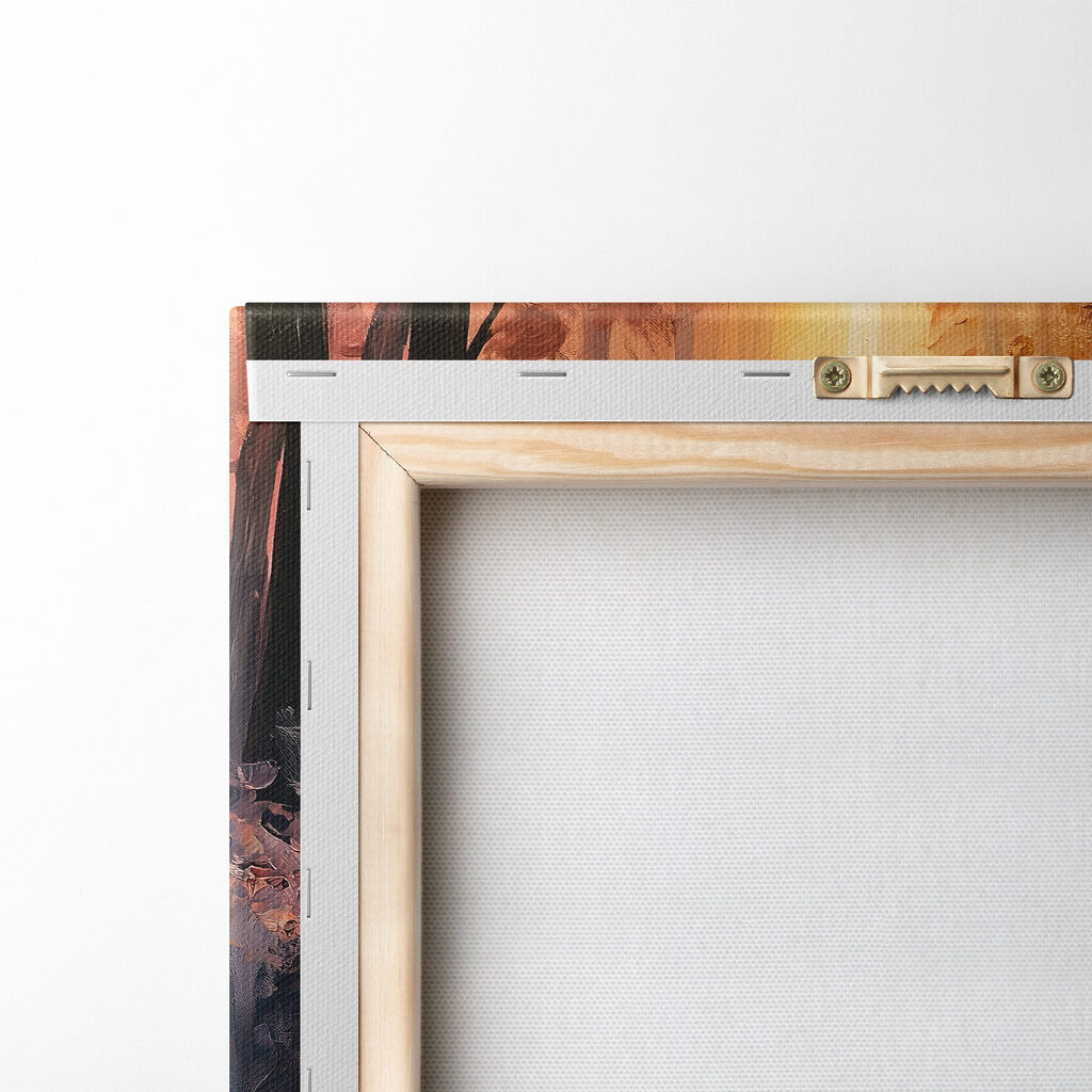 Schilderij van een bankje en een blad — achterkant