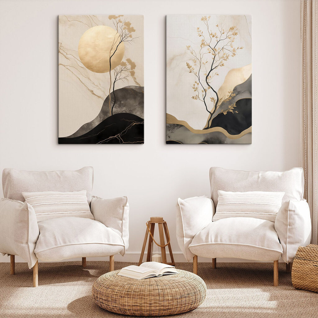 Schilderij van een boom en de maan in een interieur