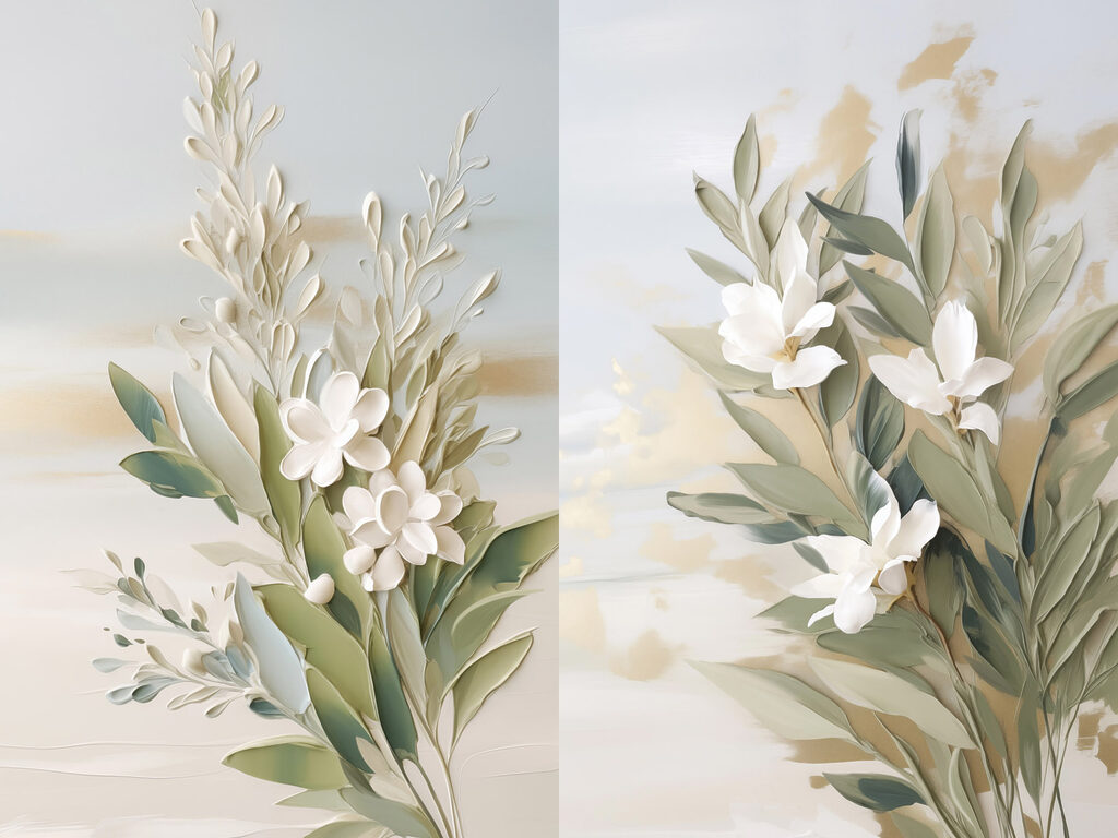 Witte bloesem boven saliegroen — volledig ontwerp