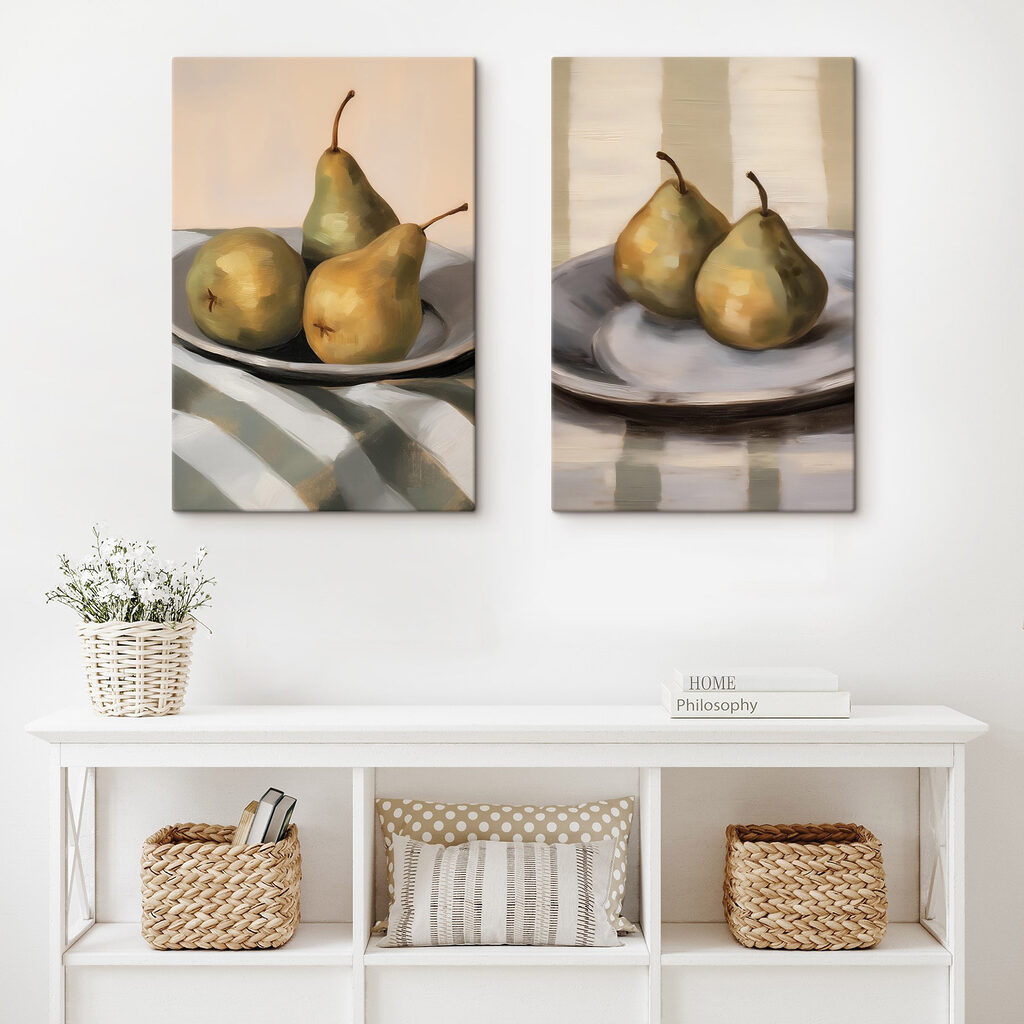 Vergelijking van een paar peren op een bord in een interieur
