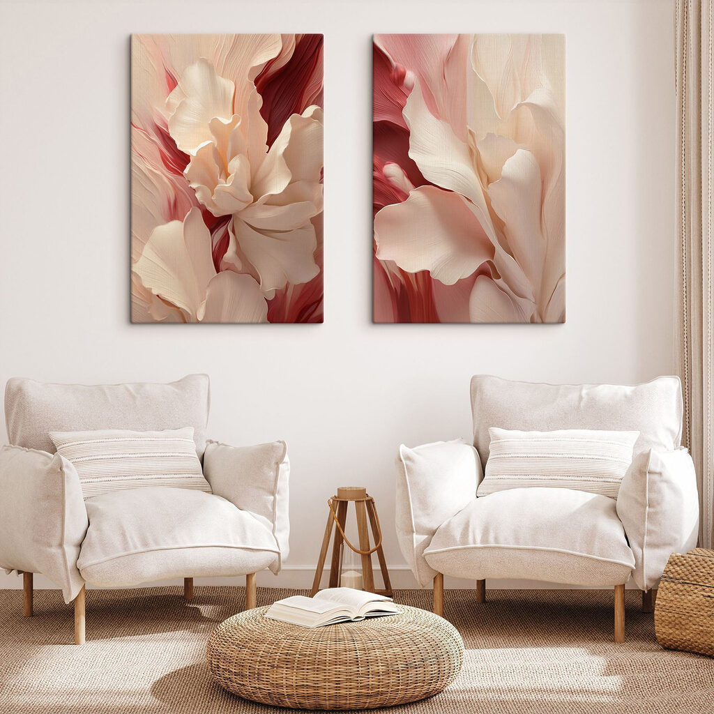 Collage van witte en roze bloemen in een interieur