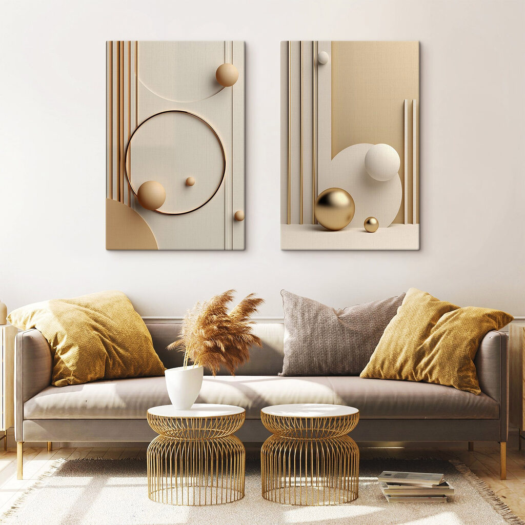 Abstracte vormen in zachte tinten in een interieur