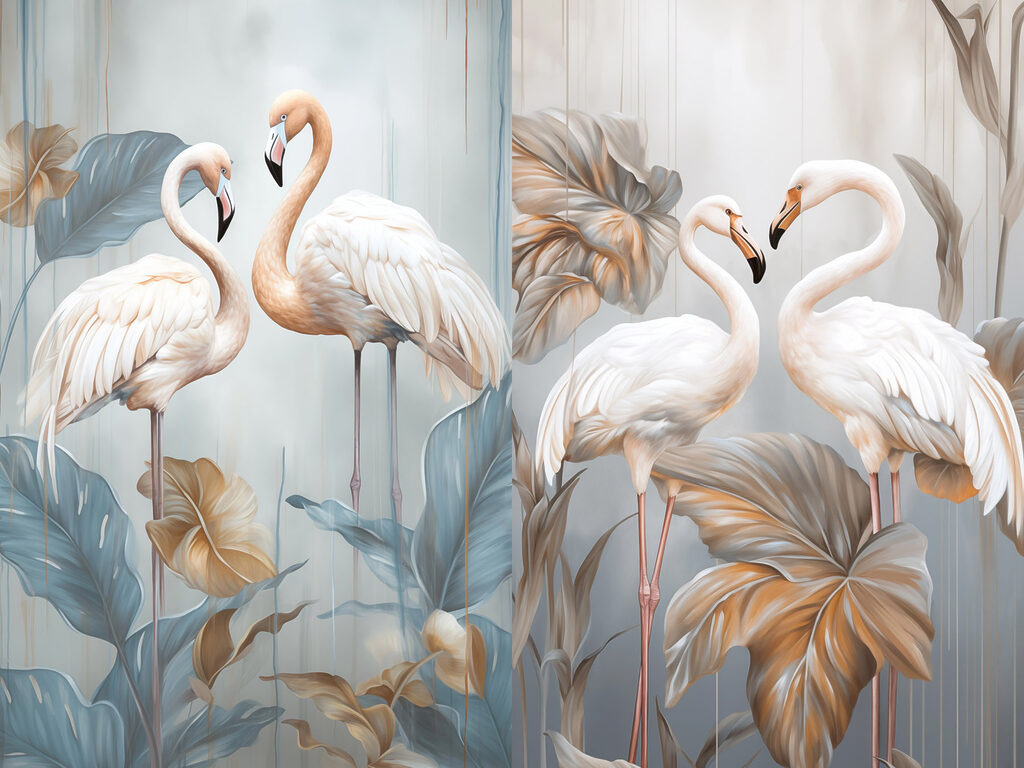 Twee vogels die op lange stengels staan — volledig ontwerp
