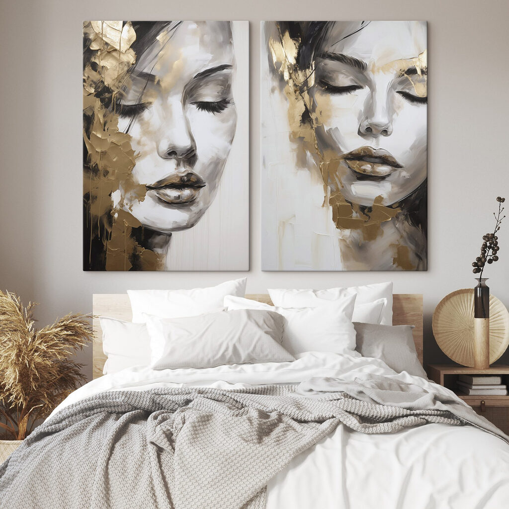 Schilderij van het gezicht van een vrouw in een interieur