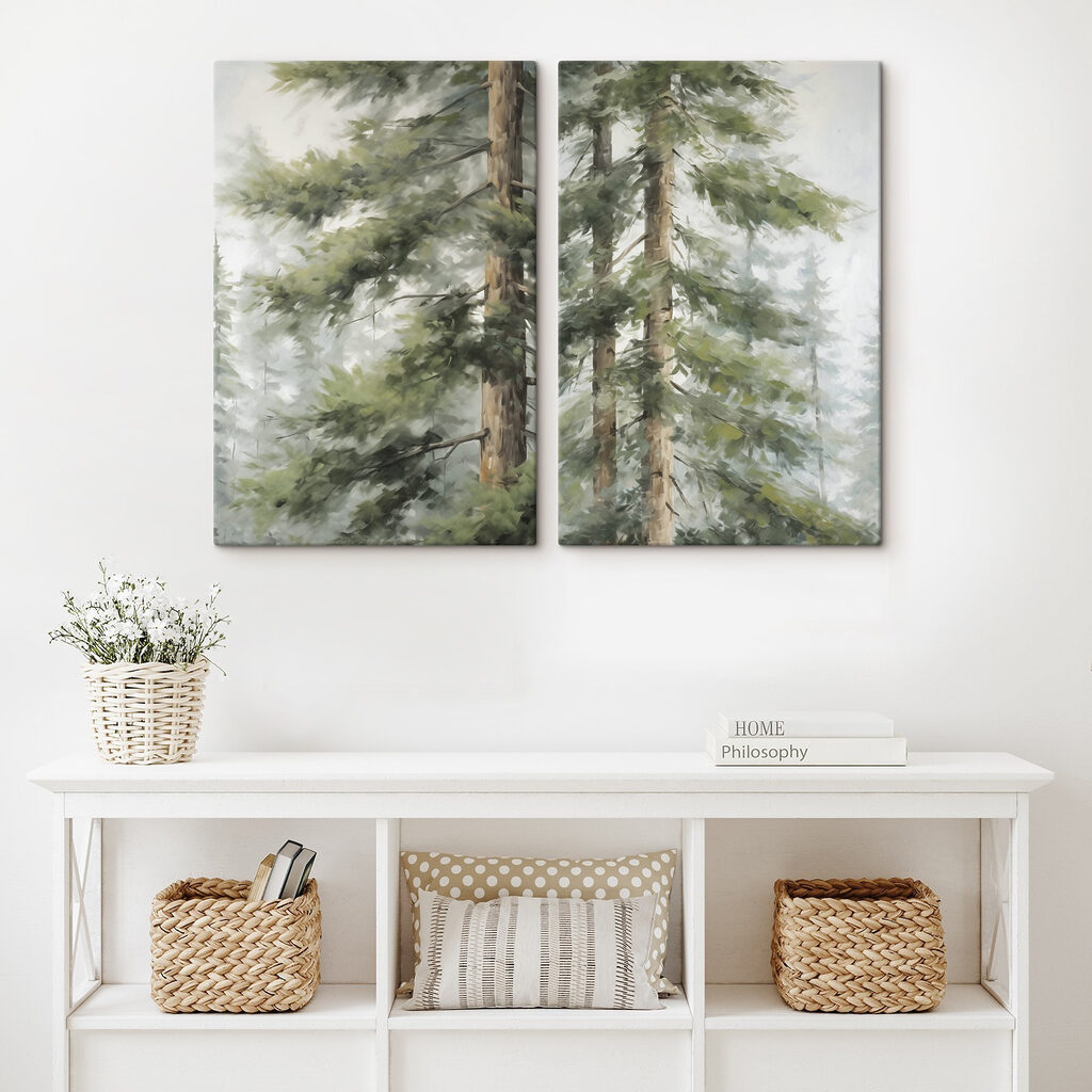 Schilderij van bomen in de mist in een interieur