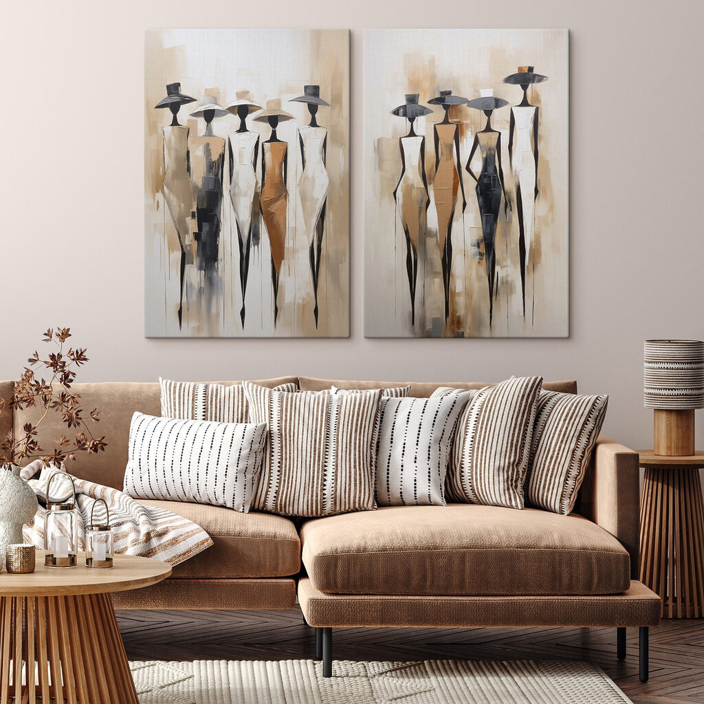 Schilderij van vrouwen in jurken en hoeden in een interieur