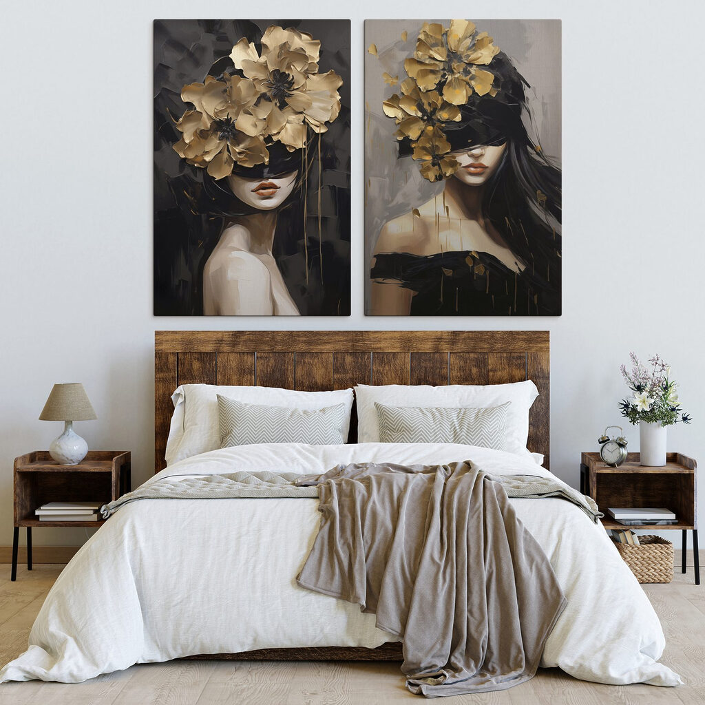 Schilderij van een vrouw met bloemen op haar hoofd in een interieur