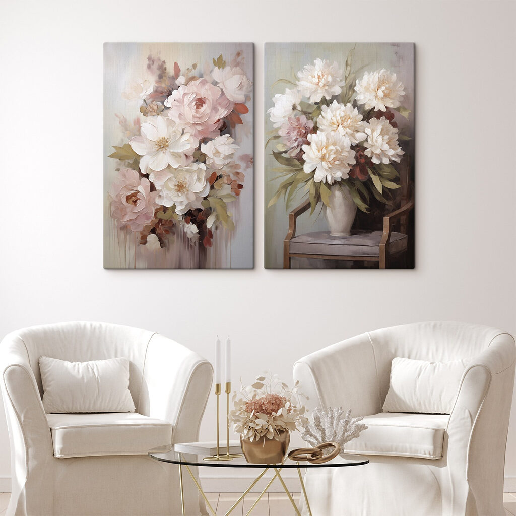 Schilderij van bloemen in een vaas in een interieur