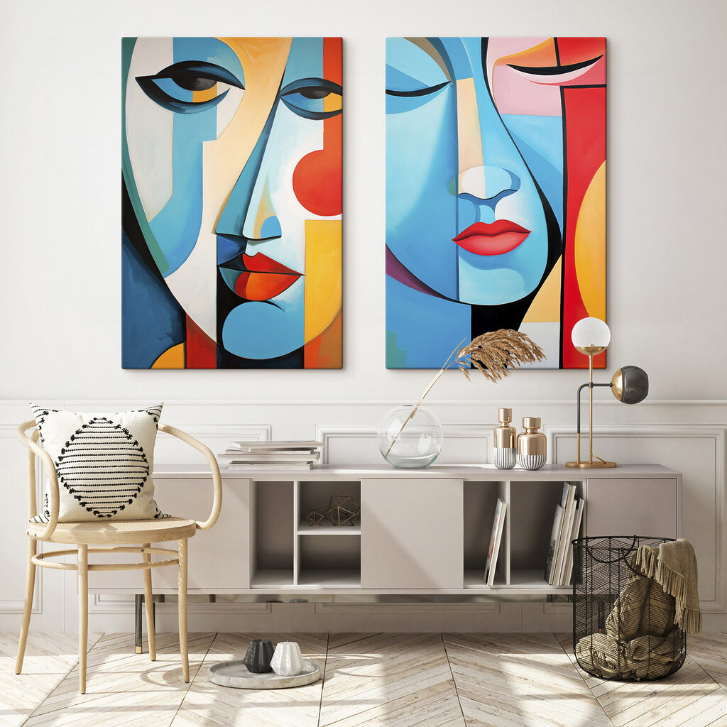 Schilderij van een paar gezichten in een interieur