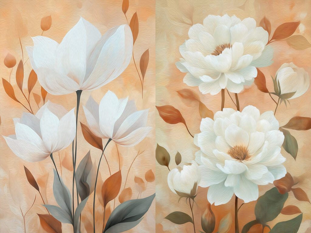 Witte bloemen op oranje — volledig ontwerp