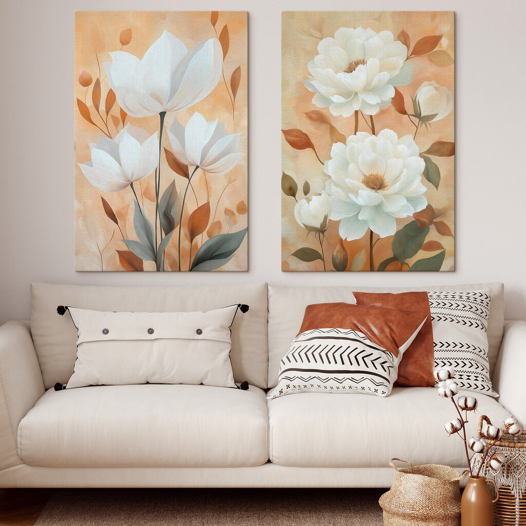 Schilderij van witte bloemen in een interieur