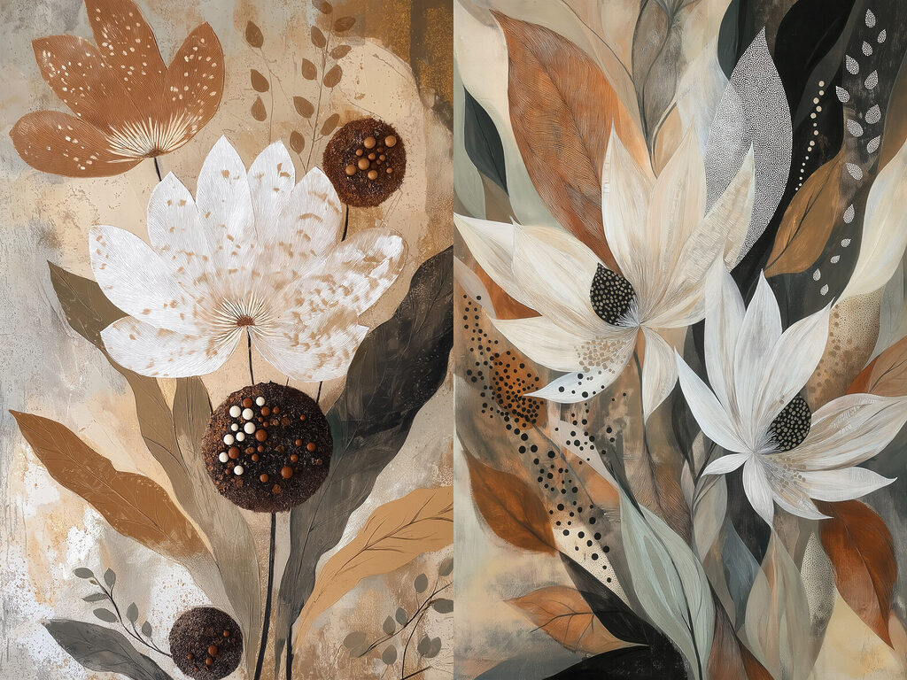 Bloemen tussen aardekleurige stippen — volledig ontwerp