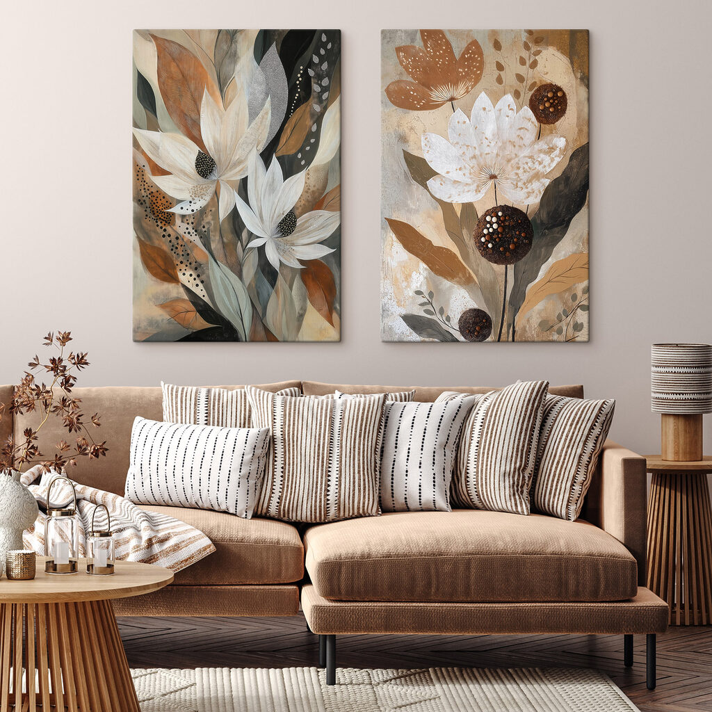 Schilderij van bloemen en bladeren in een interieur