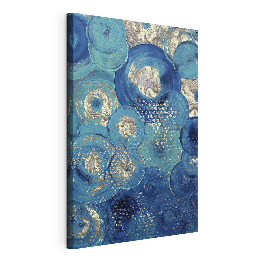 Blauwe cirkels vol glans, gespannen canvas met doorlopende rand