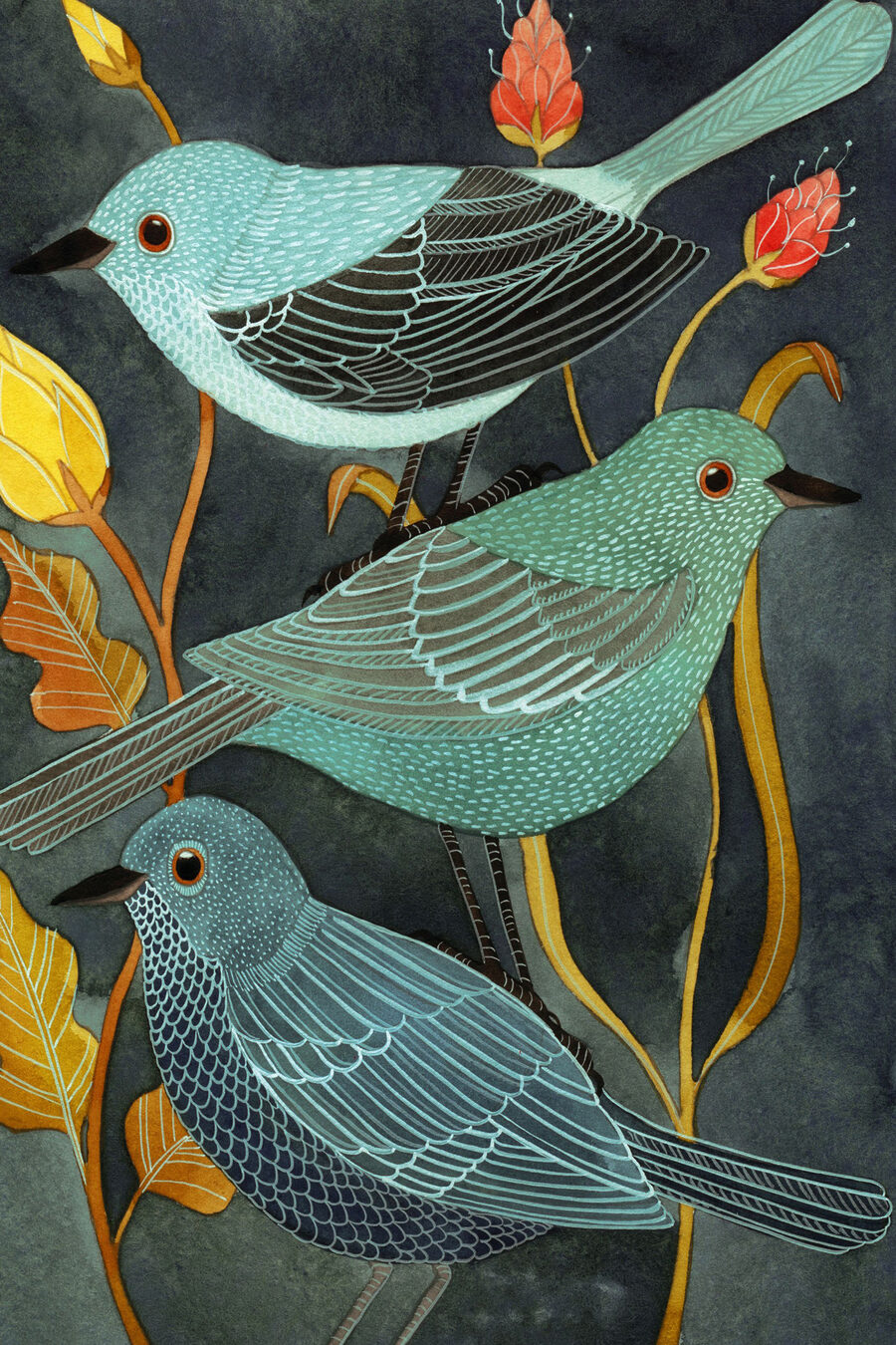 Drie vogels tussen bloemen — volledig ontwerp