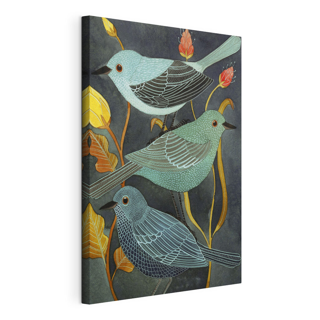 Drie vogels tussen bloemen, gespannen canvas met doorlopende rand