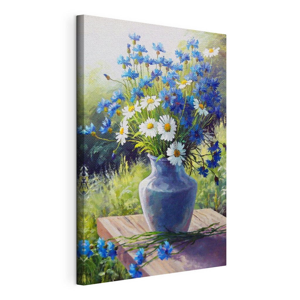 Blauw boeket op tuintafel, gespannen canvas met doorlopende rand
