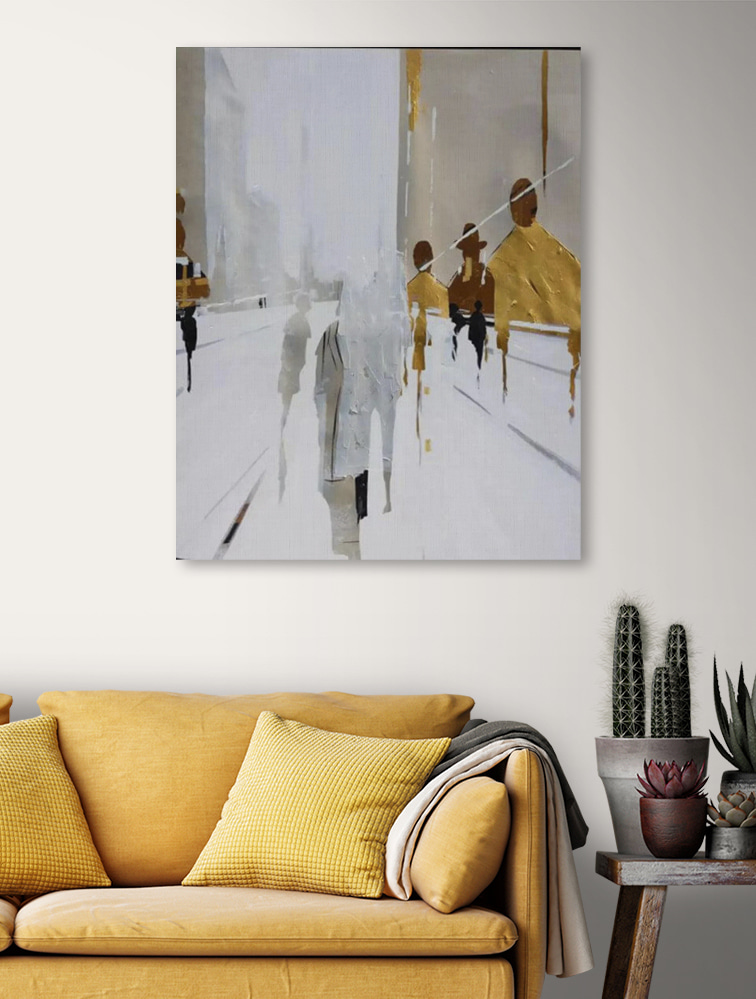 Voorbijgangers in witte straten — interieur 4