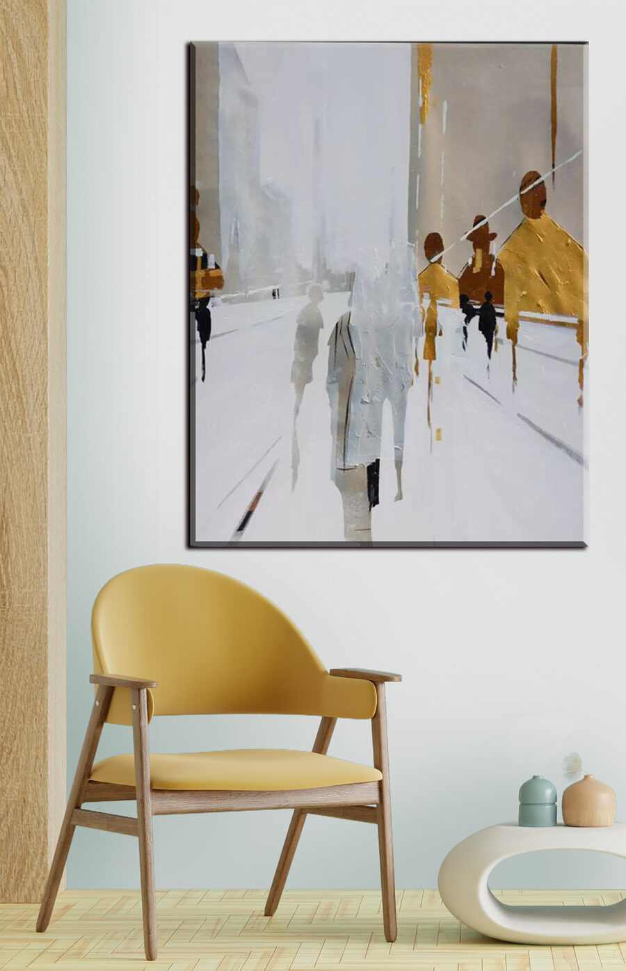Voorbijgangers in witte straten — interieur 1