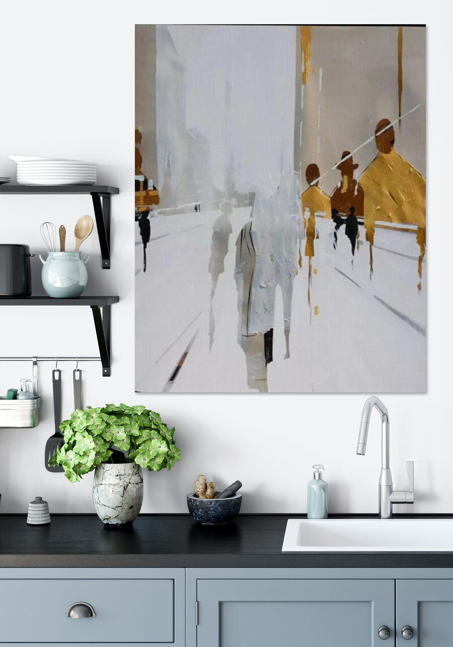 Voorbijgangers in witte straten — interieur 3