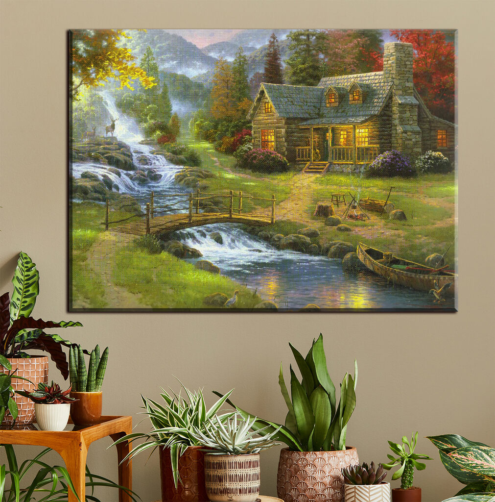 Een huisje bij watervallen in een interieur