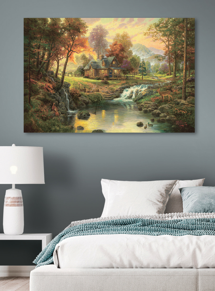 Huisje aan een beek in een interieur