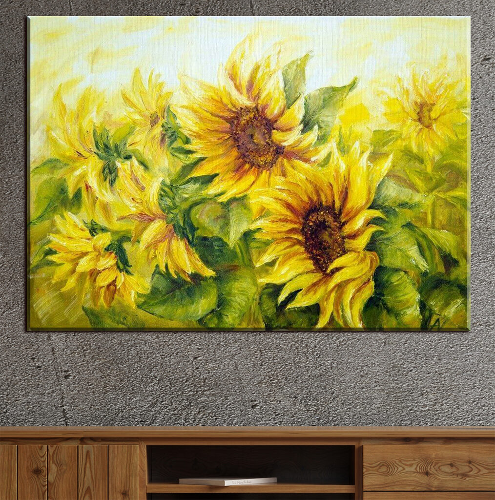 Zonnebloemen in warm geel — interieur 1