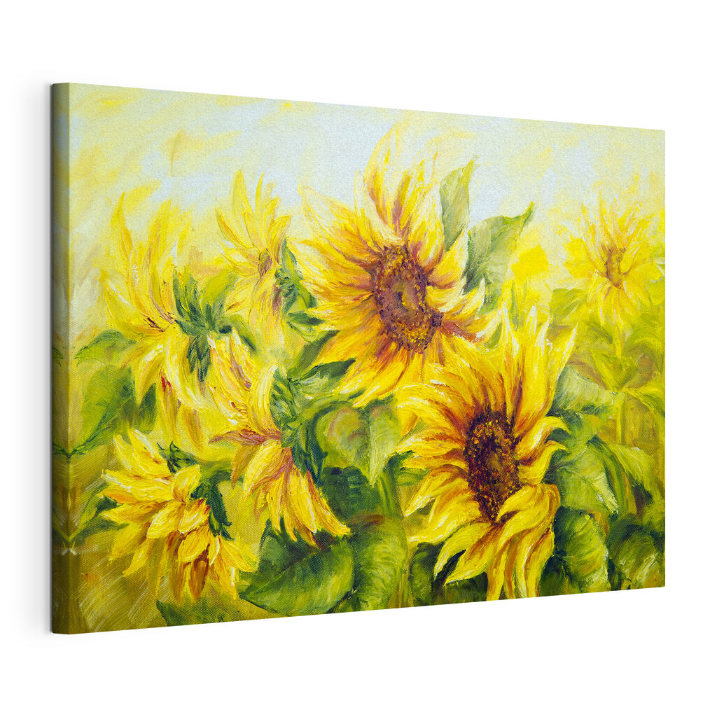 Zonnebloemen in warm geel, gespannen canvas met doorlopende rand