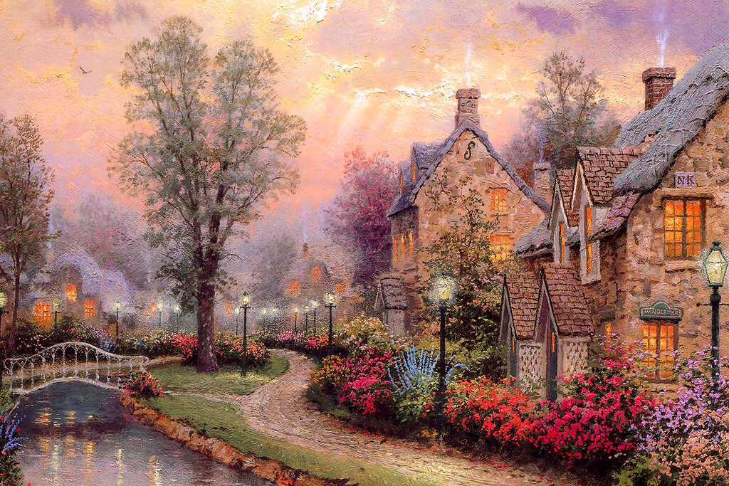 Huisje bij avondlicht — volledig ontwerp