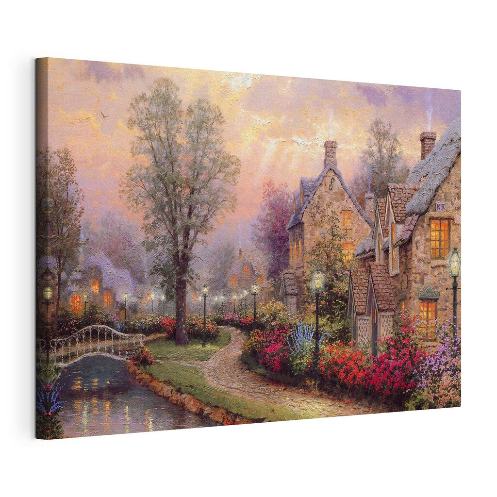 Huisje bij avondlicht, gespannen canvas met doorlopende rand
