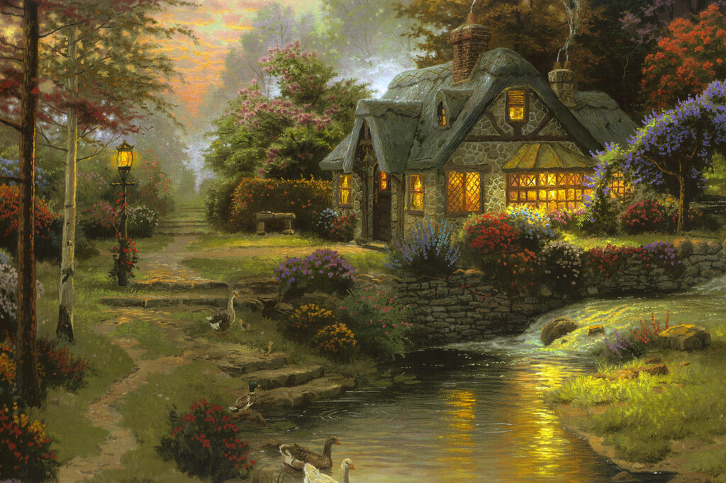 Een huisje in avondgloed — volledig ontwerp