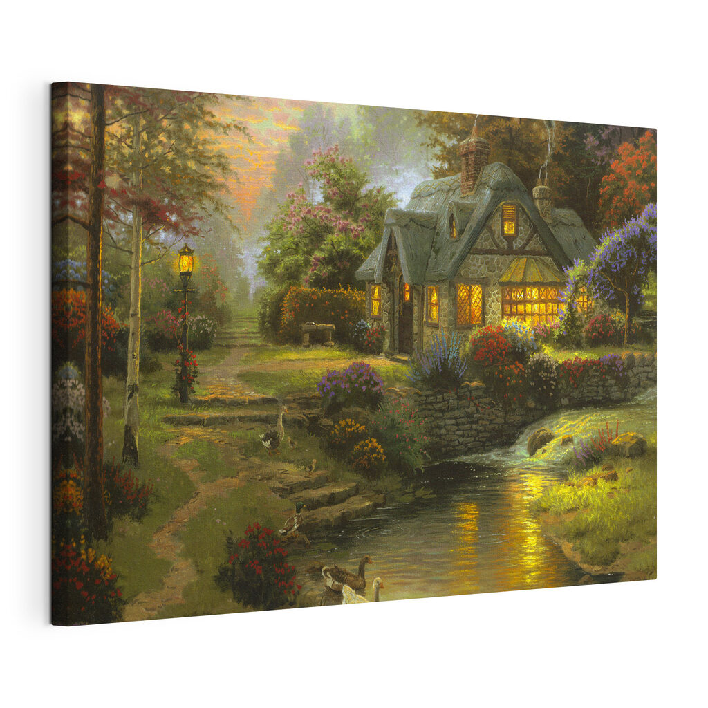 Een huisje in avondgloed, gespannen canvas met doorlopende rand