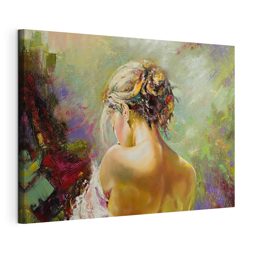 Blik over haar schouder, gespannen canvas met doorlopende rand